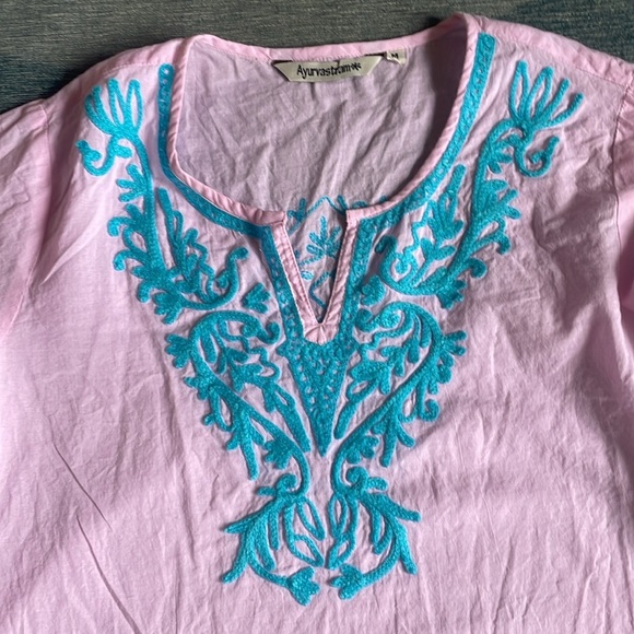 Ayurvastram Bohemian Pink and Blue Embroidered Tunic Top - Picture 6 of 9
